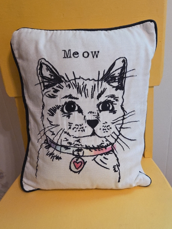 Other - Cat Print Decorative Pillow - White with Pink & Blue Accent